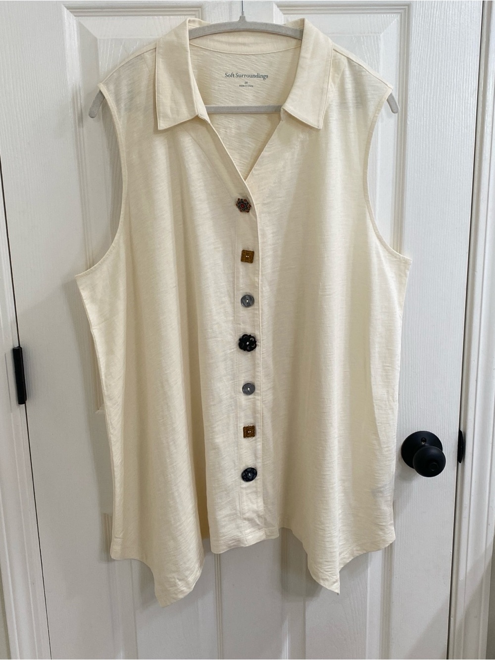Soft Surroundings 2X Cream Cotton Sleeveless Button Front Tunic Top Asymmetrical